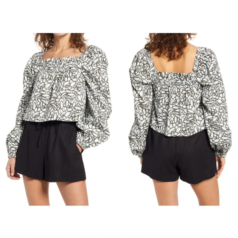 OPEN EDIT • Gray Abstract Print Organic Cotton Babydoll Top Sz M - Picture 1 of 9